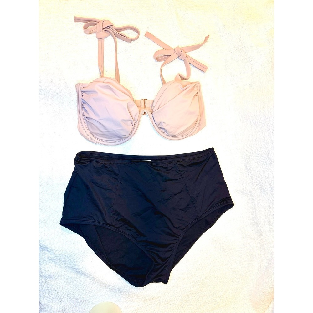 2 pc - Shoulder Tie Shirred Underwire Bikini & High Waist full Coverage Bottom